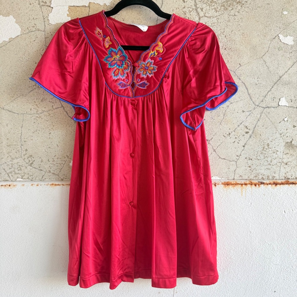 Vtg Vanity Fair Tunic Top Red Embroidered Boho Floral Short Sleeve Night Shirt M